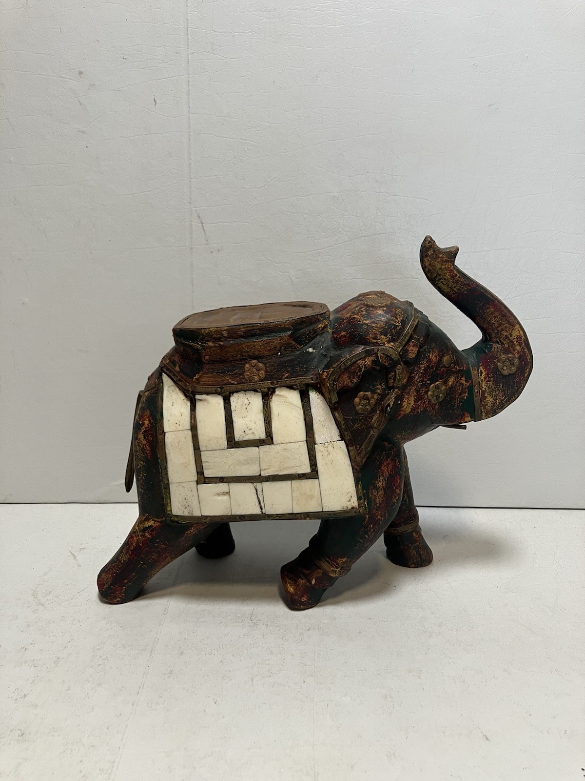 Vintage India Hand Painted Wood Elephant Sculpture White Inlay Raj Rang Decor