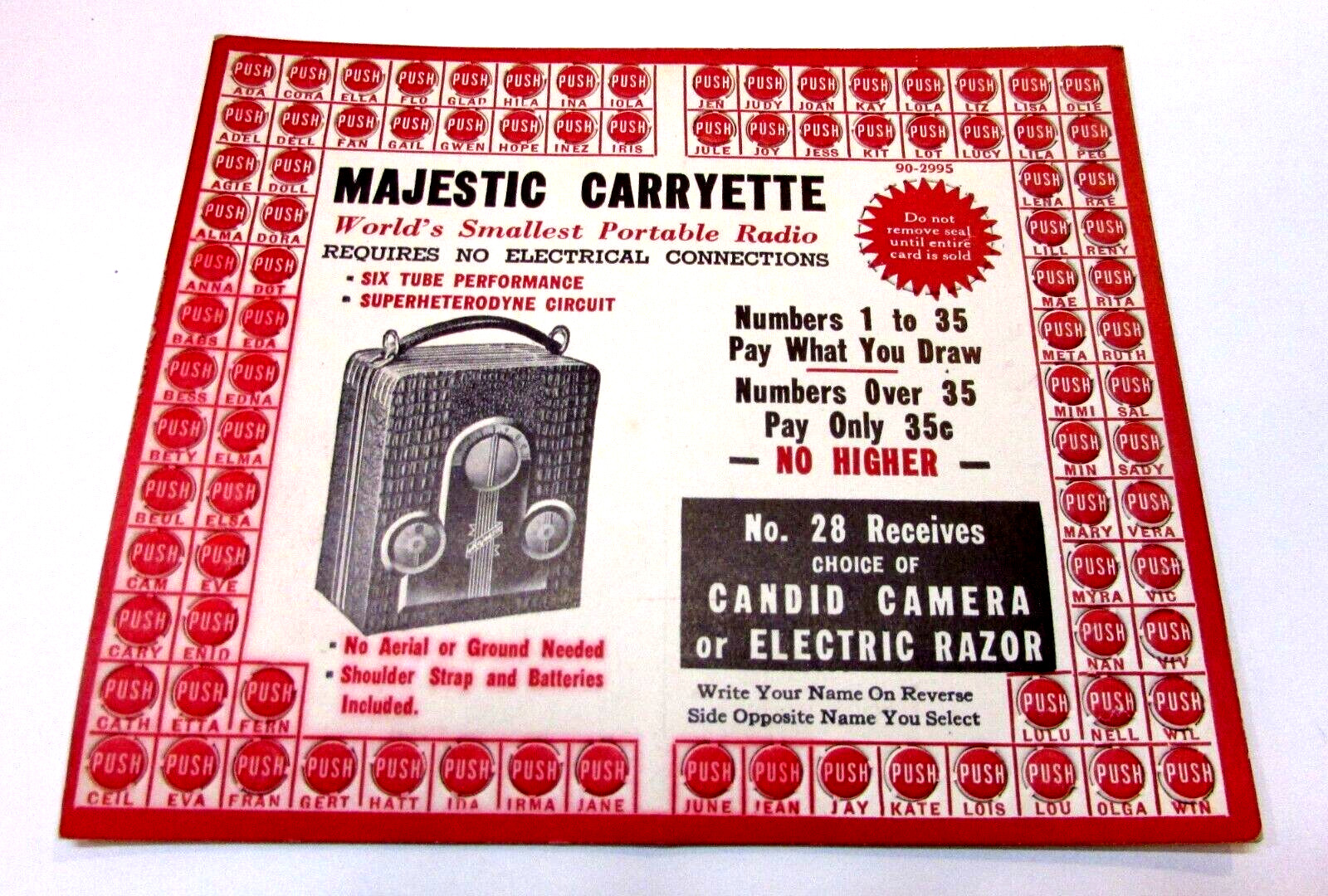 Antique Unused Game Prize Punch Card Majestic Carryette Portable Battery Radio