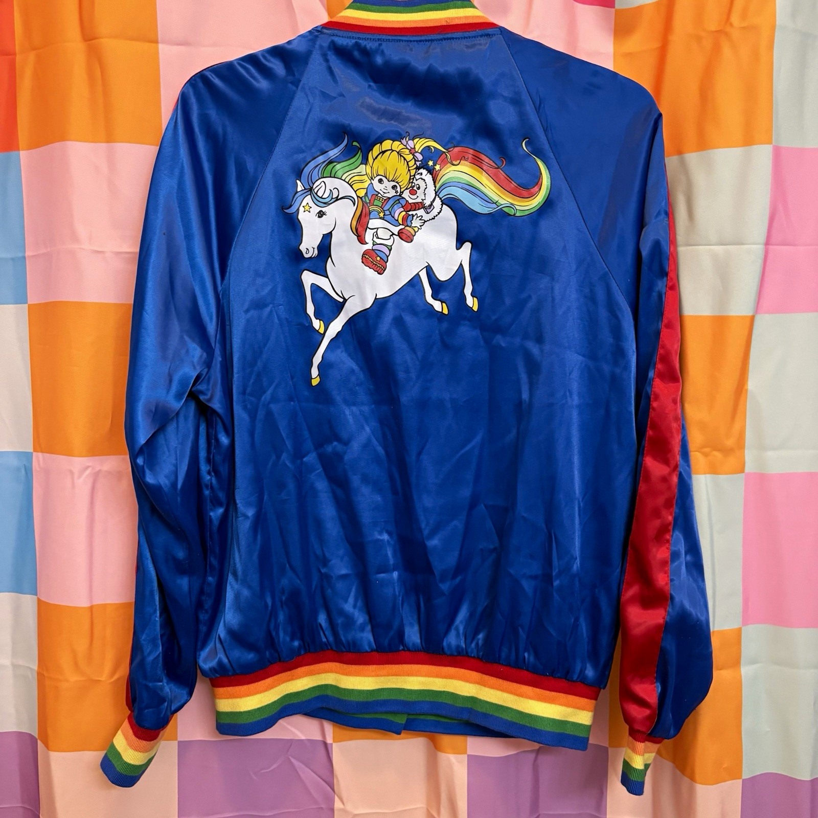 Rare Rainbow Brite x Unique Vintage Blue Satin Bomber Track Jacket Women\'s M