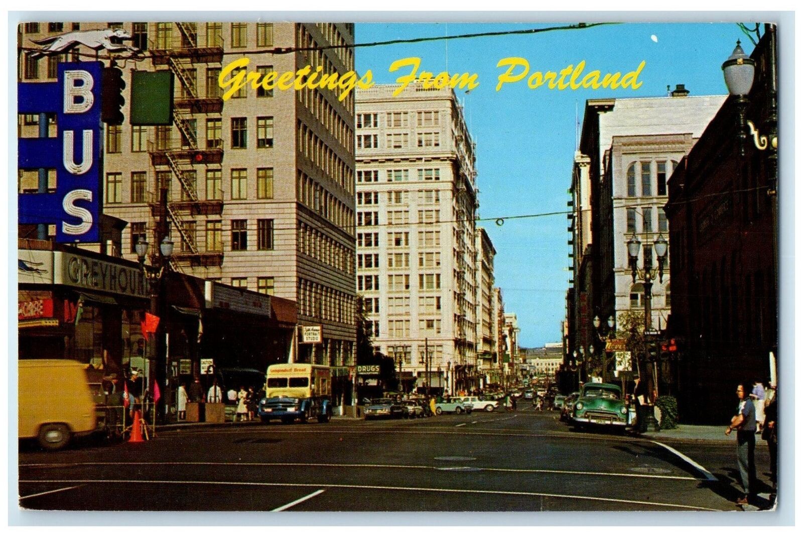 c1960's Greetings From Portland Oregon OR Looking Down S.W. 5th Avenue Postcard
