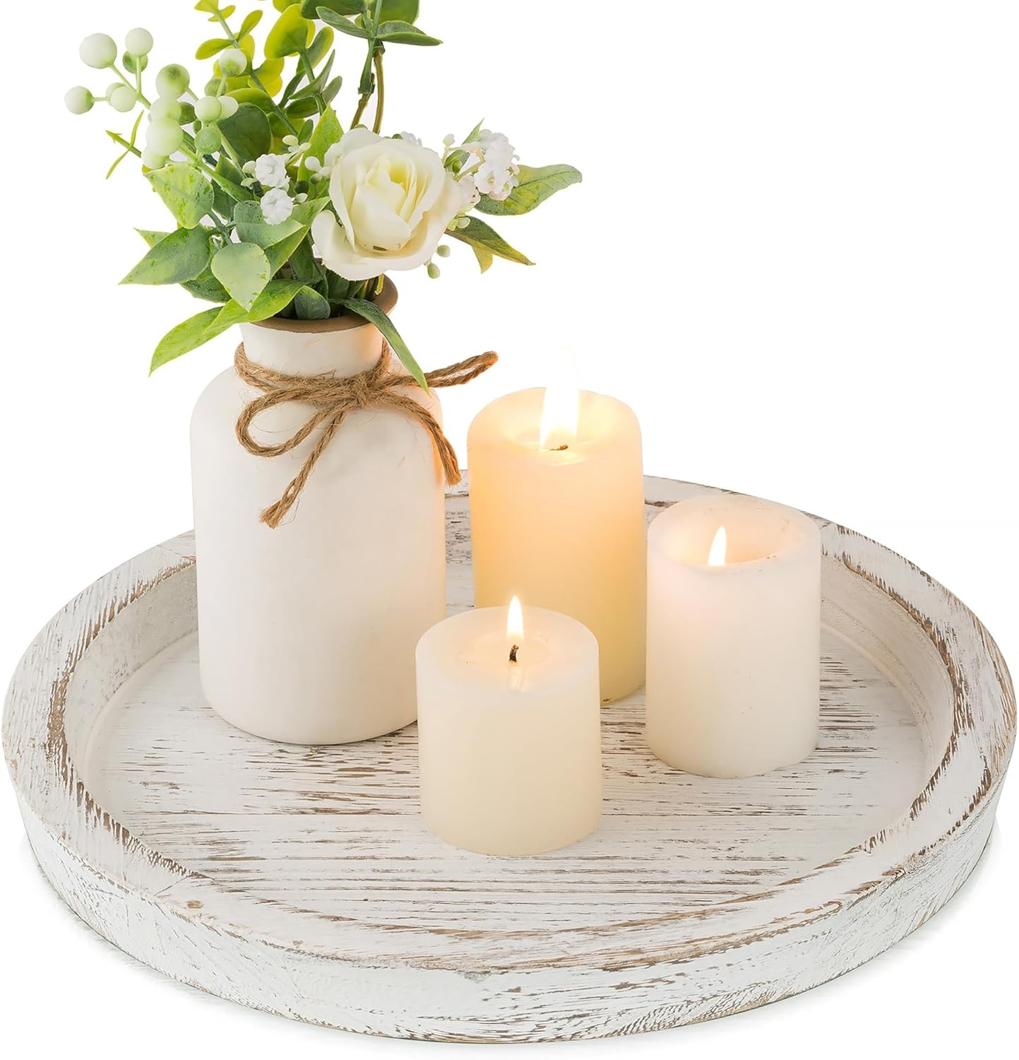 Round White Wood Decorative Tray Rustic Farmhouse for Coffee Table Candle