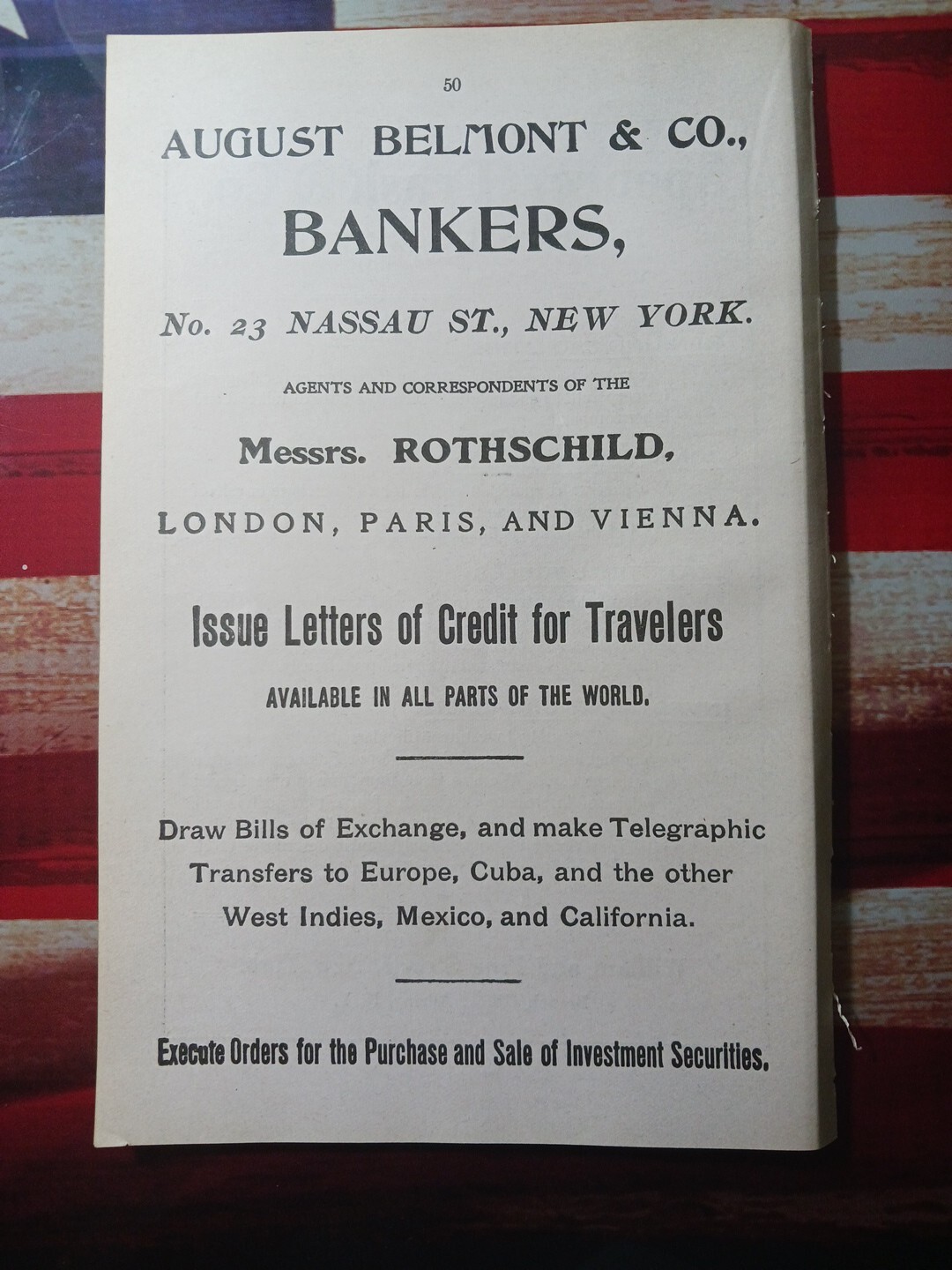 1906 Antique Advertising AUGUST BELMONT Bankers Investment Securities New York