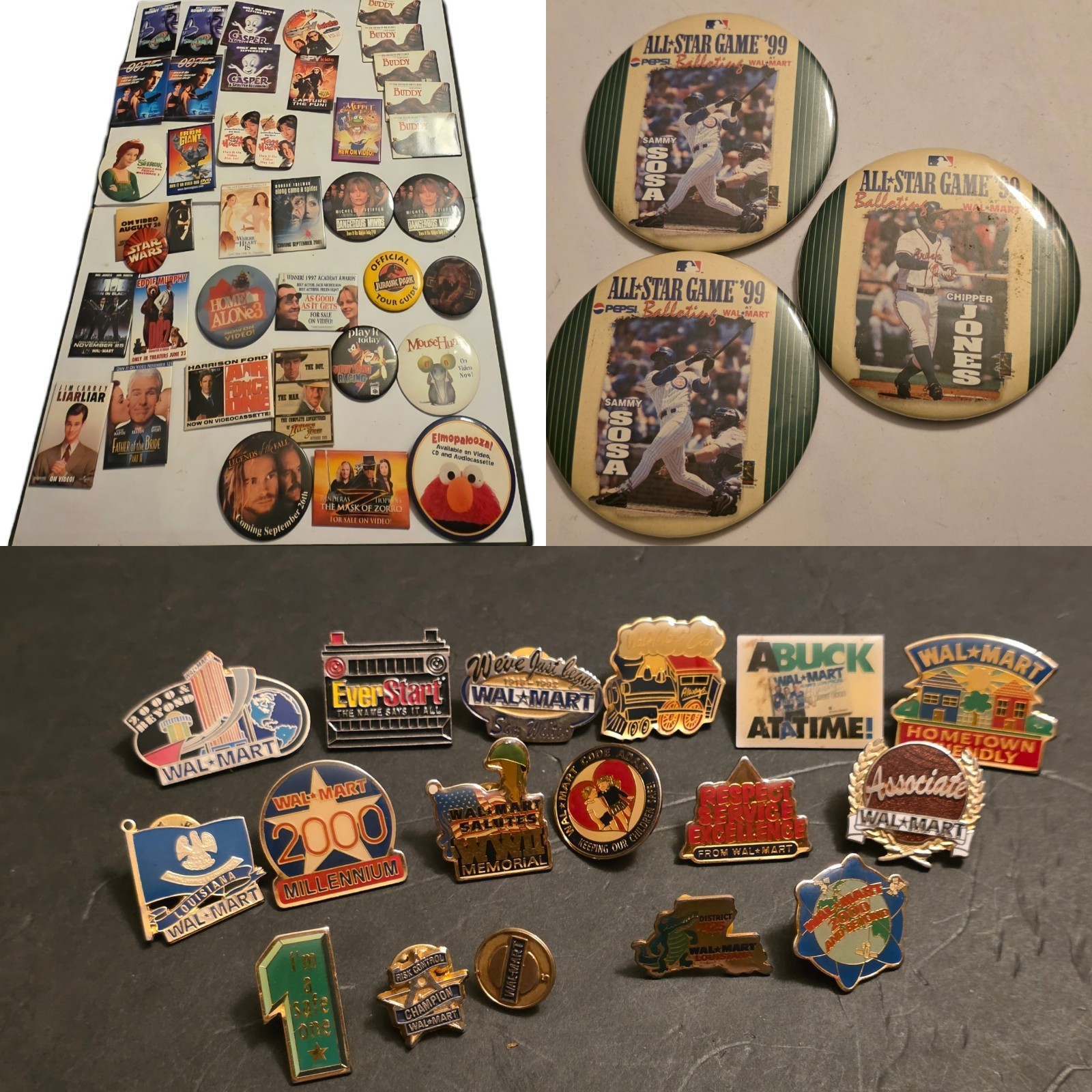 Vtg Walmart Employee Pin Lot 59 Movie Promo Buttons 1999 MLB All Star Disney
