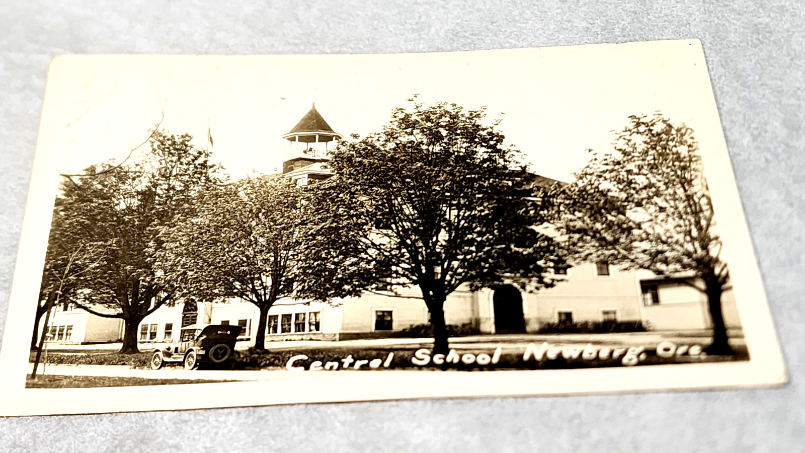 RPPC Central School Newberg Oregon Vintage Postcard WACO Wesley Andrews Car 1920