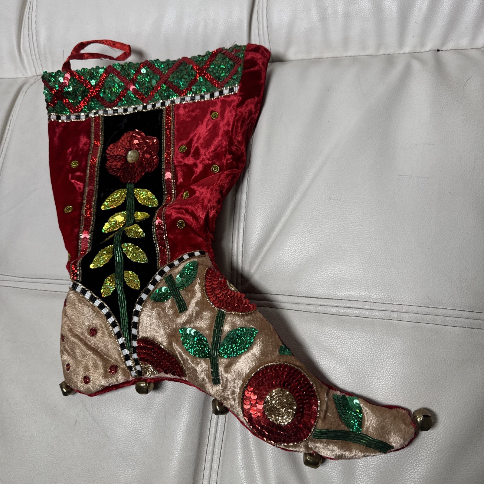 VTG Wayne Kleski Christmas Stocking Beaded Velvet Elf Boot Katherines Collection