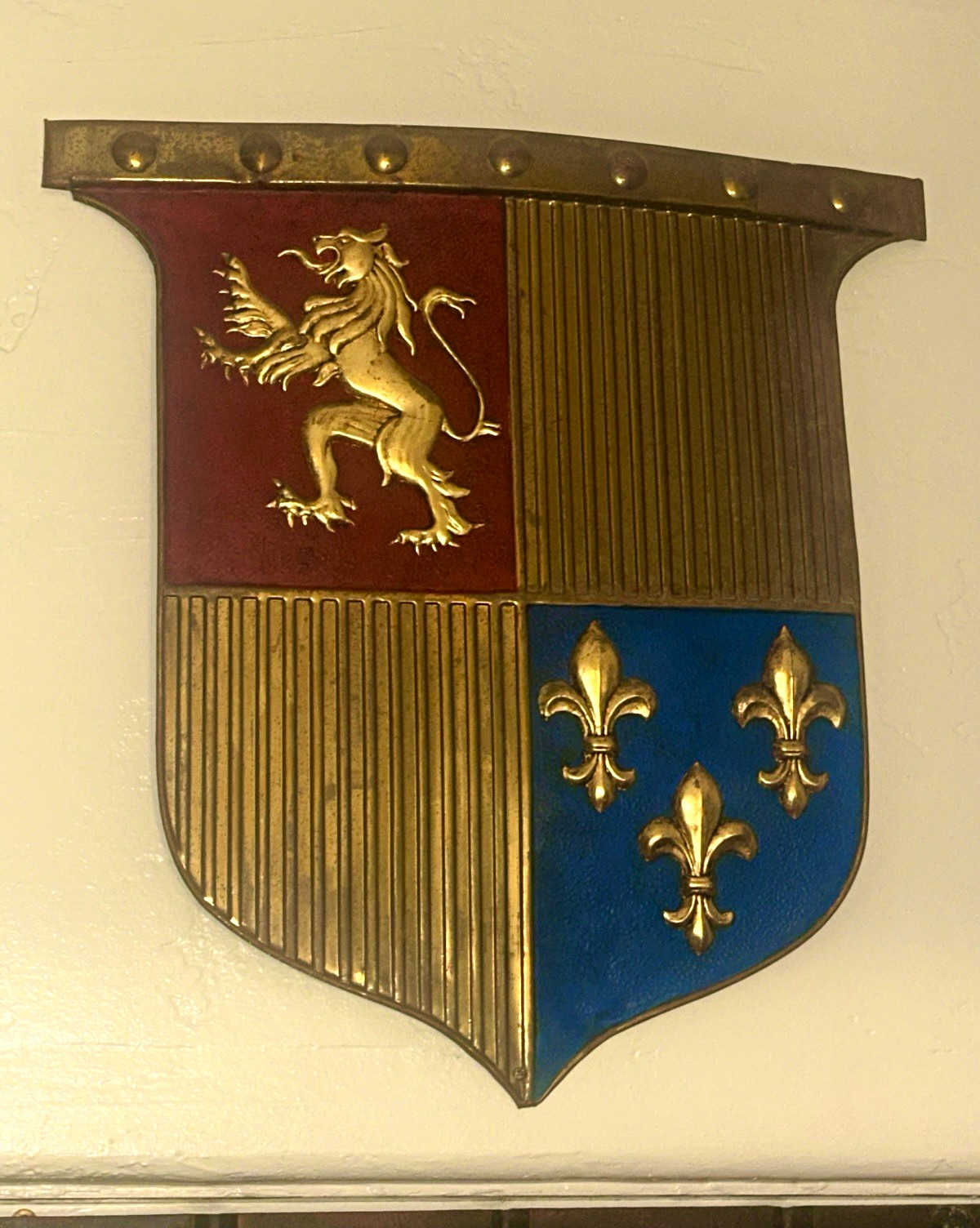 Metal Coat of Arms Heraldic Shield Wall Plaque Fleur de Lis Gold Red Blue