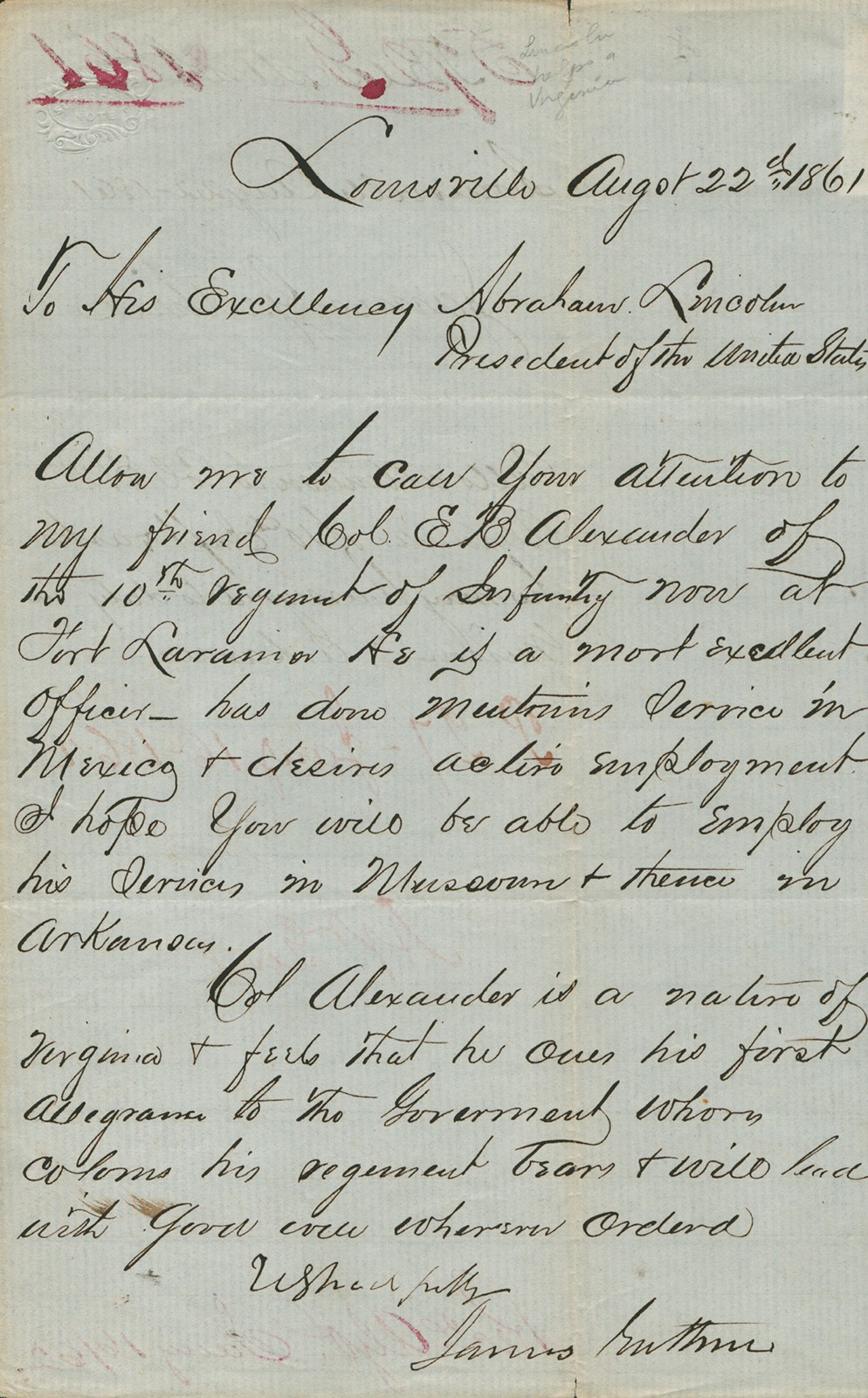 JAMES GUTHRIE - MANUSCRIPT LETTER SIGNED 08/22/1861
