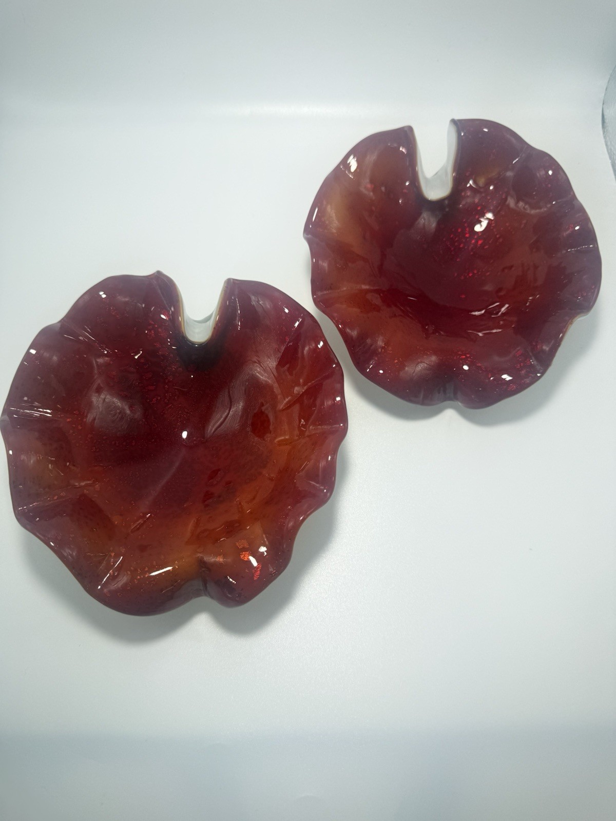 Pair vintage Murano Cased Glass Leaf Bowls Red White Gold Fleck Aventurine MCM