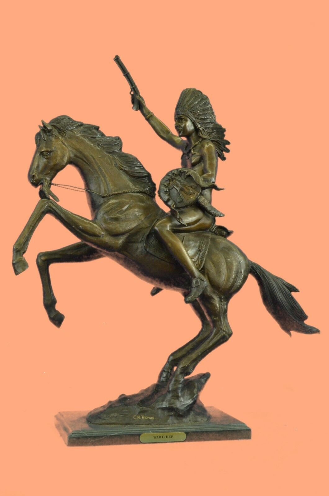 Original Thomas War Chief Bronze Sculpture Western Art Marble Base Figurine Gift