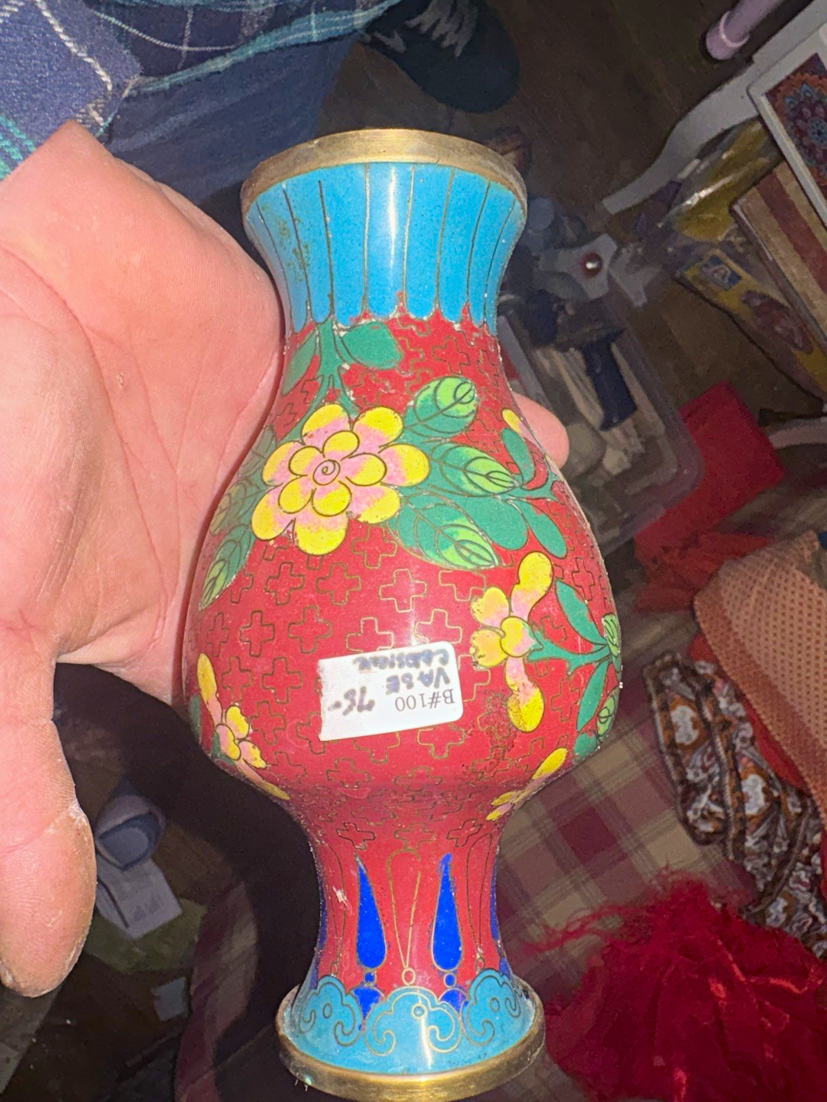 Chinese Cloisonne Style Enamel Floral Vase Red Blue Gold Ownership History N/A