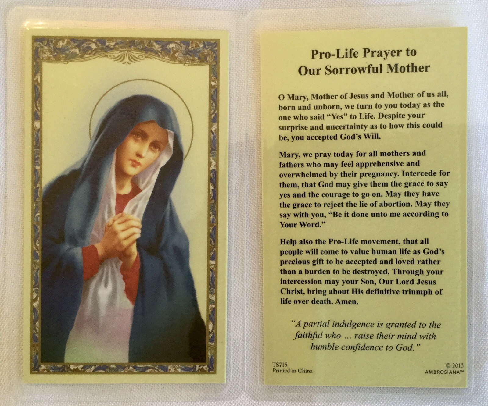 PRO LIFE PRAYER to Our Sorrowful Mother - Laminated  Prayer Holy Card - Mary