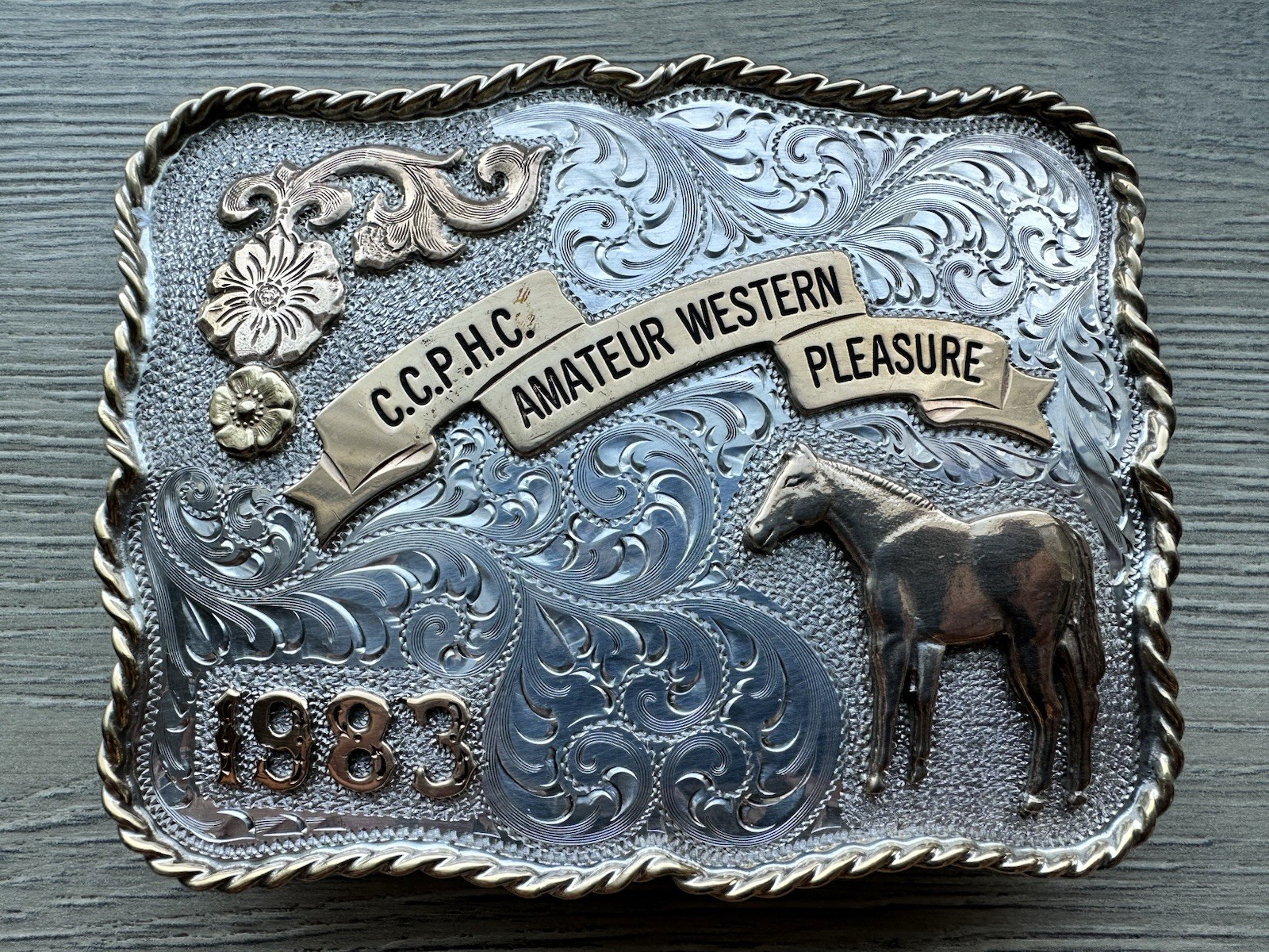 VTG  1983 CCPHC Amareur Western Pleasure Belt Buckle Sterling Overlay SH