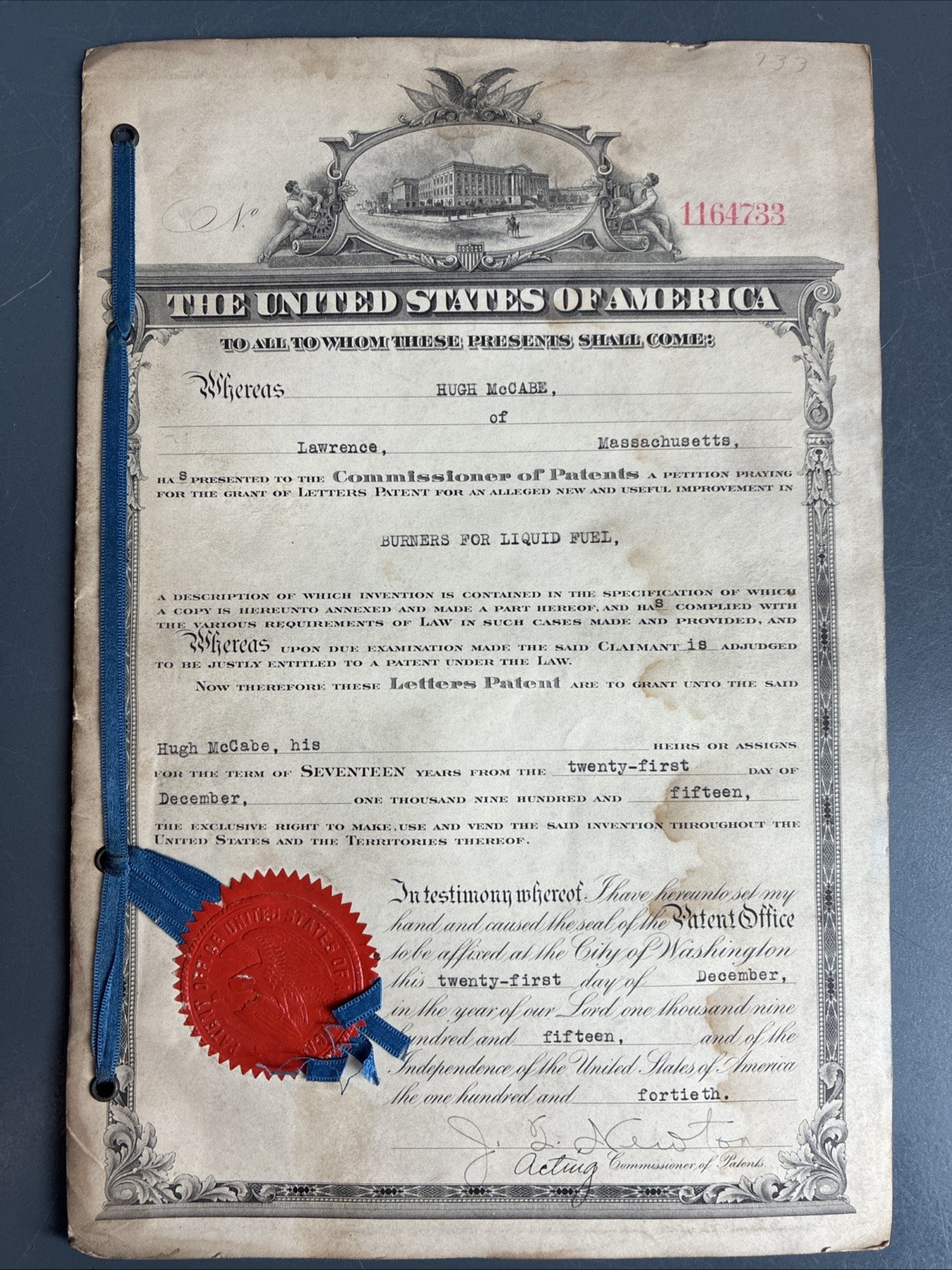 Original 1915 Patent Document for “Burners For Liquid Fuel” by Hugh McCabe