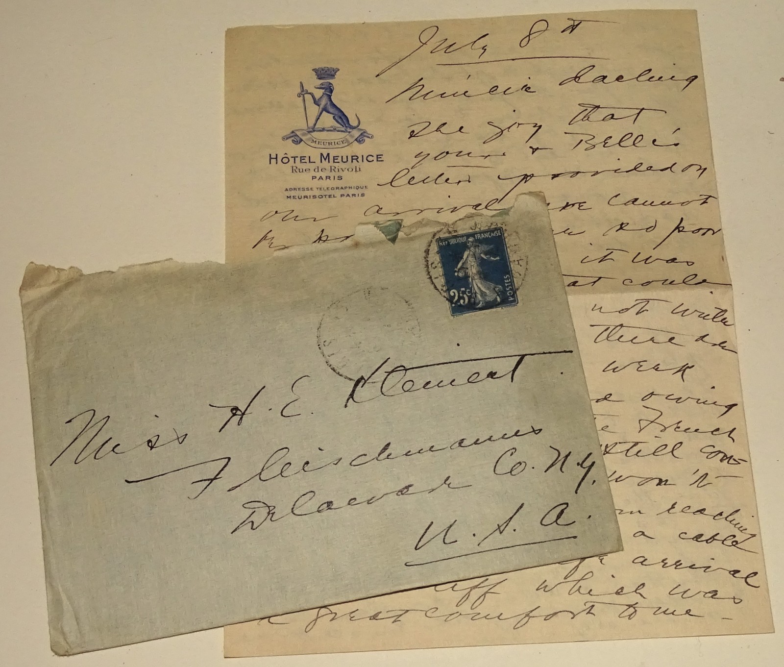 1912 Hotel Meurice Paris France Vintage Handwritten Letter Envelope Catskills NY