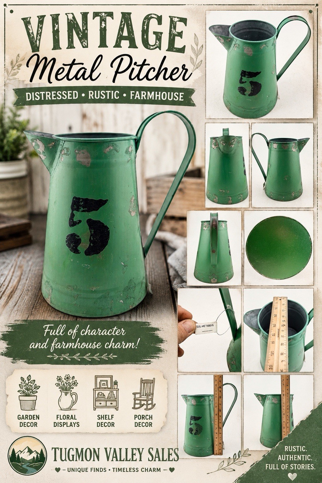 Vintage Green Metal Pitcher Watering Jug #5 Distressed Farmhouse Primitive Decor