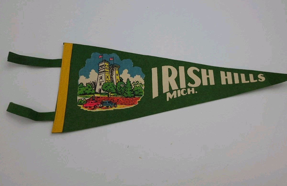 Vintage Irish Hills Michigan Pennant Flag Rare Felt 50s 60s USA MI Vtg Used