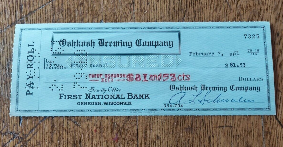 1960\'s Oshkosh Brewing Company Beer Payroll Check