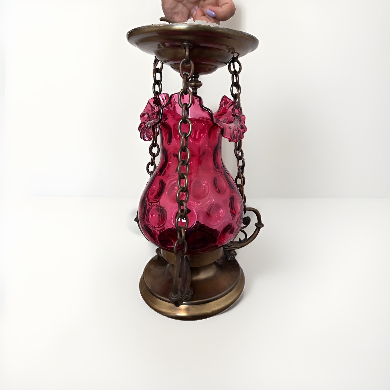 1960’s Cranberry Dimple Pinch Glass Fenton Hanging Lamp MCM Las Vegas