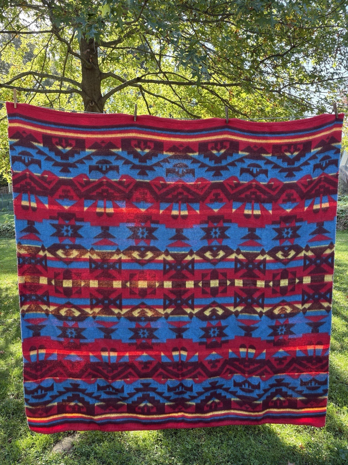 Vintage Southwestern Camp Blanket 66x66 Reversible Woven Throw Cabin Decor