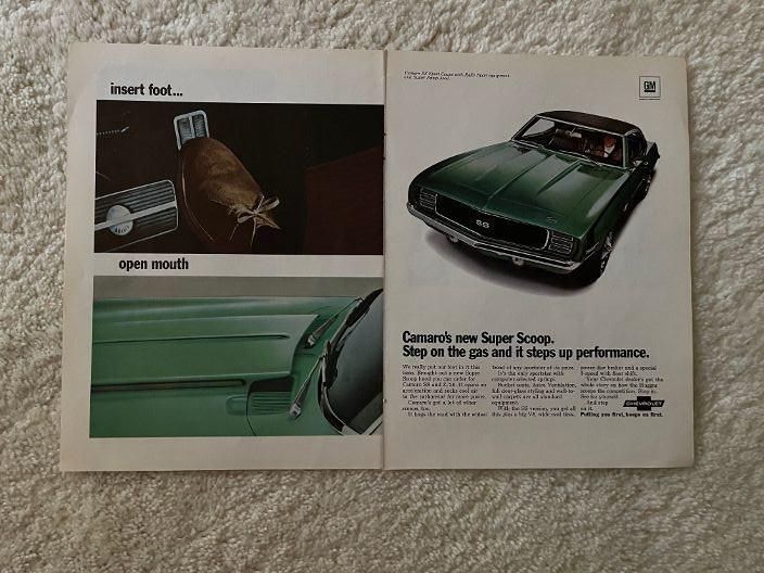 1969 Chevrolet Camaro SS & Z/28 Print ad Super Scoop Hood