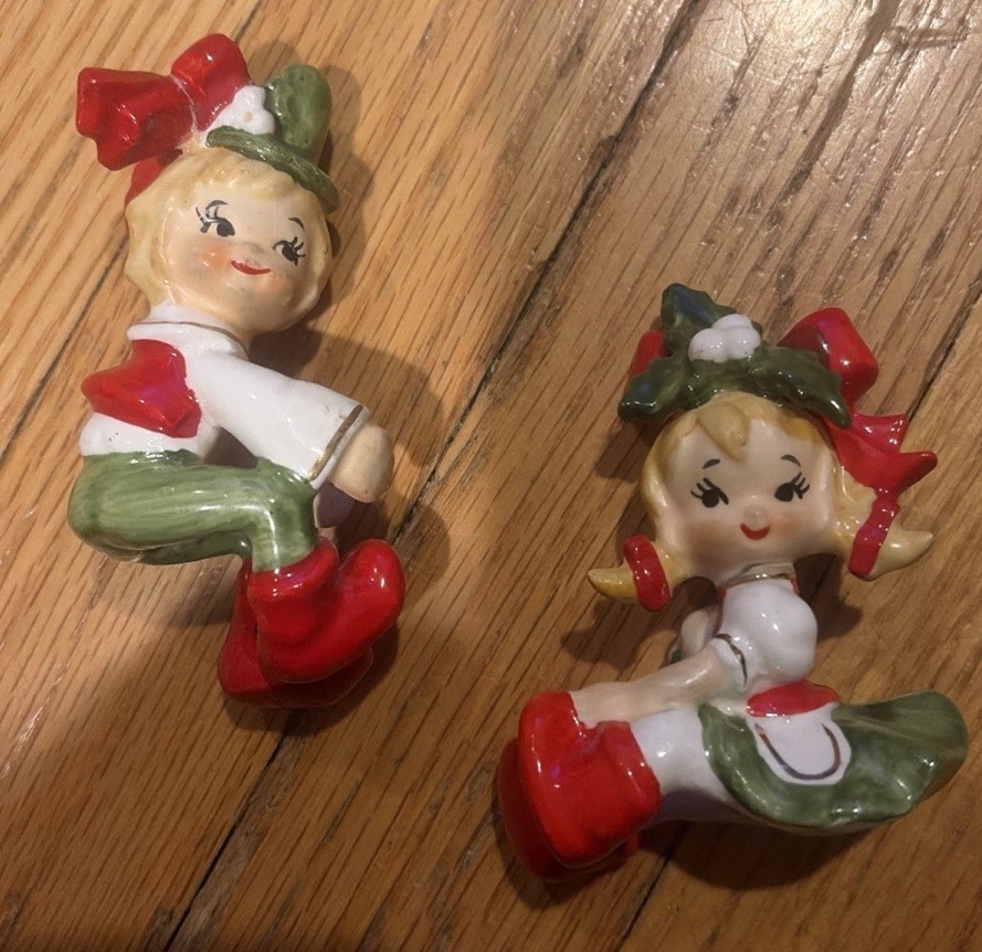 Vintage Lefton German Boy & Girl Ceramic Christmas Candle Huggers-READ Vintage Lefton German Boy & Girl Ceramic Christmas Candle Huggers-READ