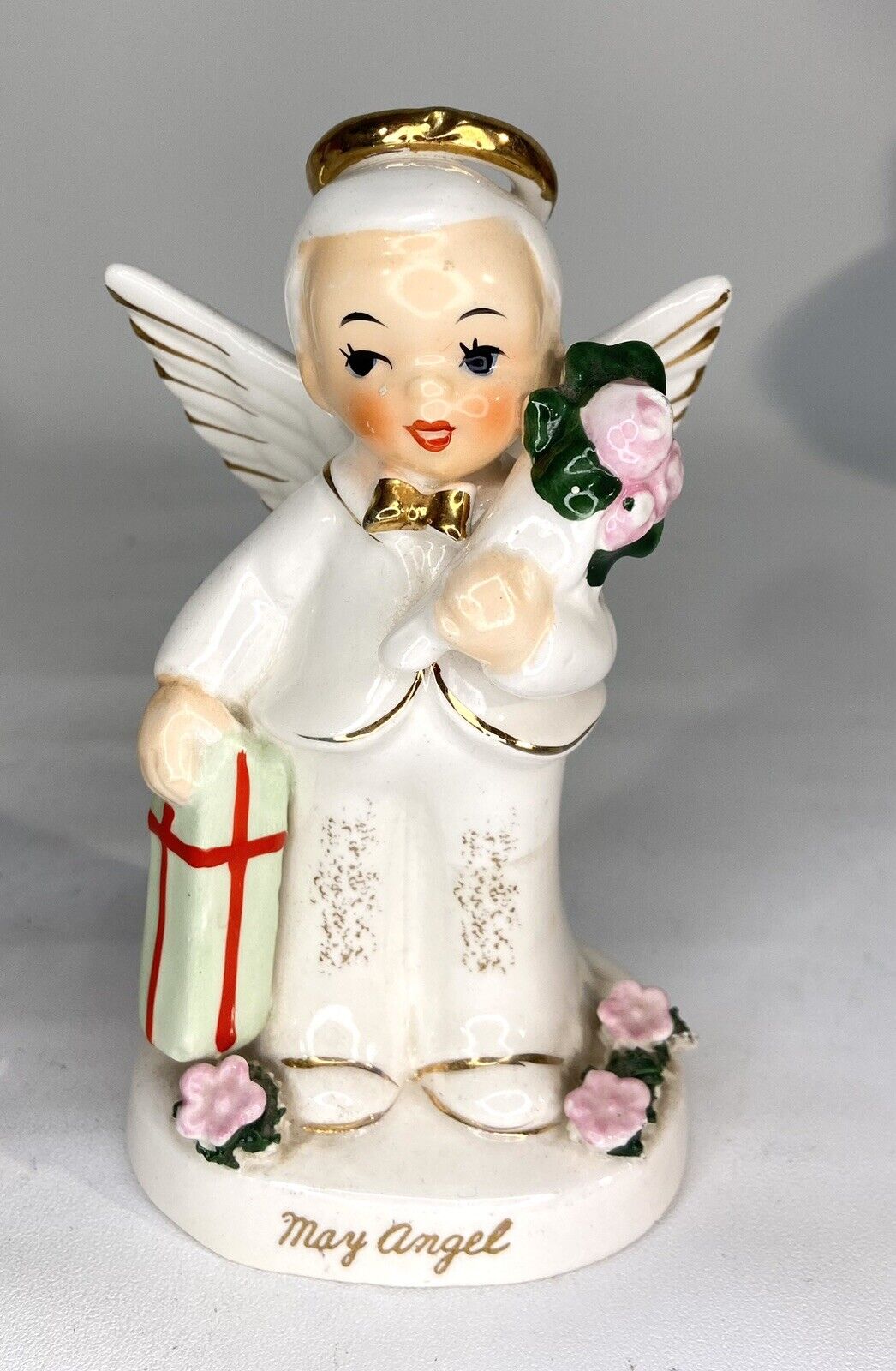 Vintage 1930’s Napco May Boy Birthday Angel Figurine Flower Bouquet Gift EB43