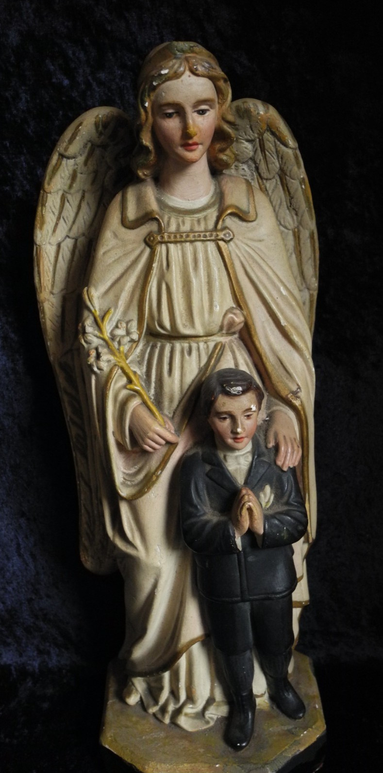 ANTIQUE POLYCHROME PLASTER GUARDIAN ANGEL PROTECTING COMMUNION BOY STATUE