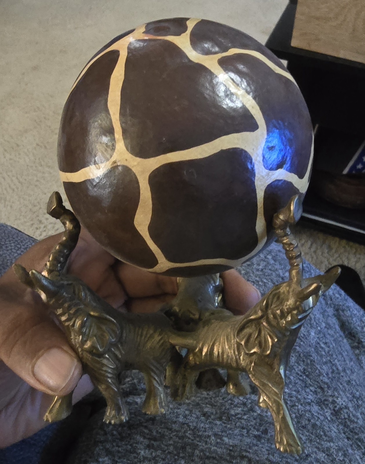 Vintage Triple Elephant Stand With Giraffe Sphere Vintage Triple Elephant Stand With Giraffe Sphere