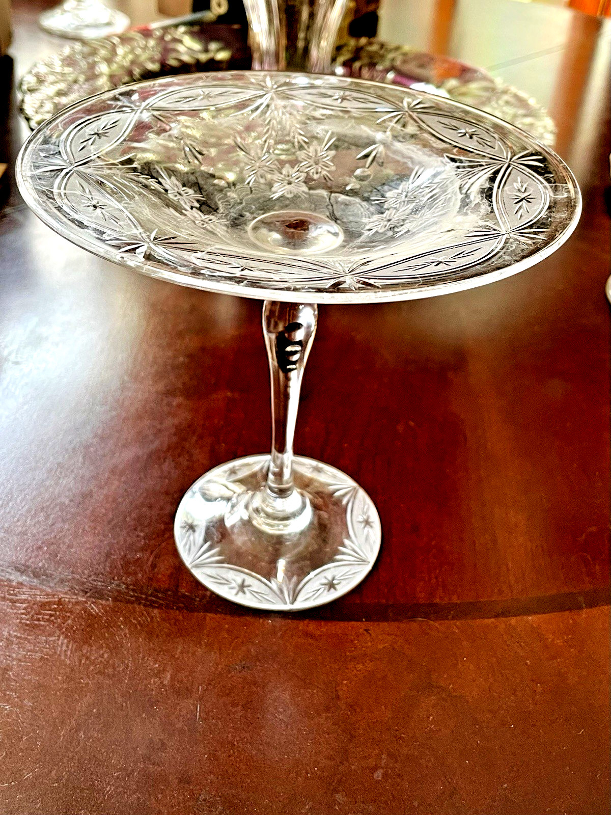 Vintage Etched Crystal Glass Design Flower Pedestal Compote  6-inch  No Flaws.