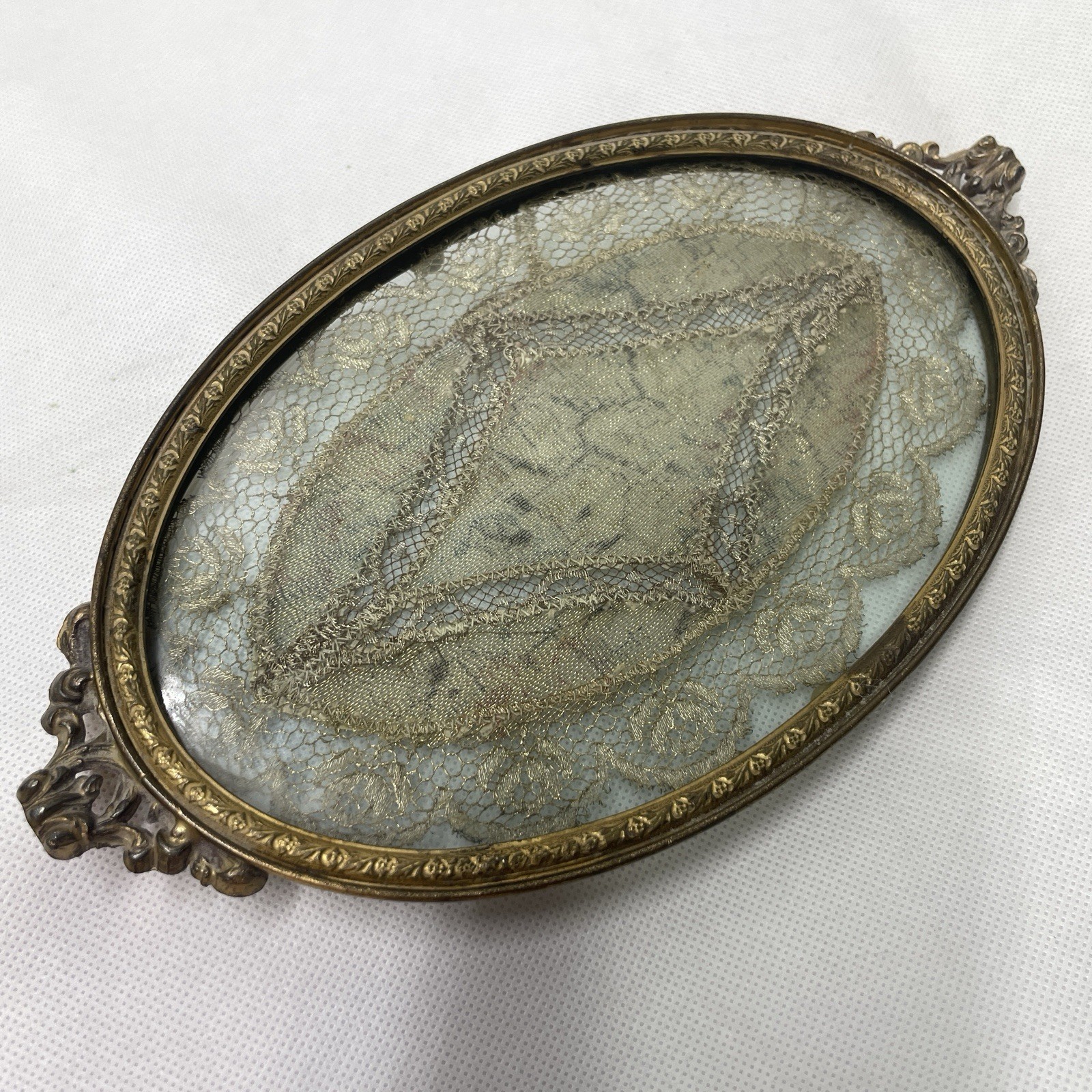Antique Brass Vanity Tray Gold Lace Insert Glass Oval Handles Footed Apollo