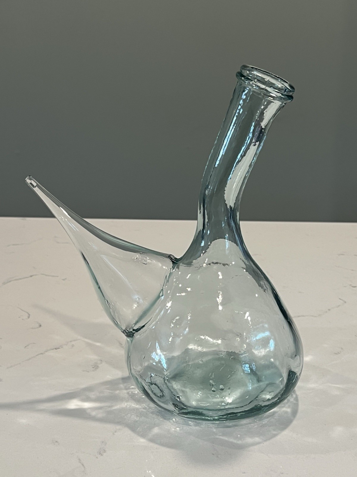 Vintage Hand Blown Spanish Porron Wine Decanter Bottle Blueish-Green Tint Glass