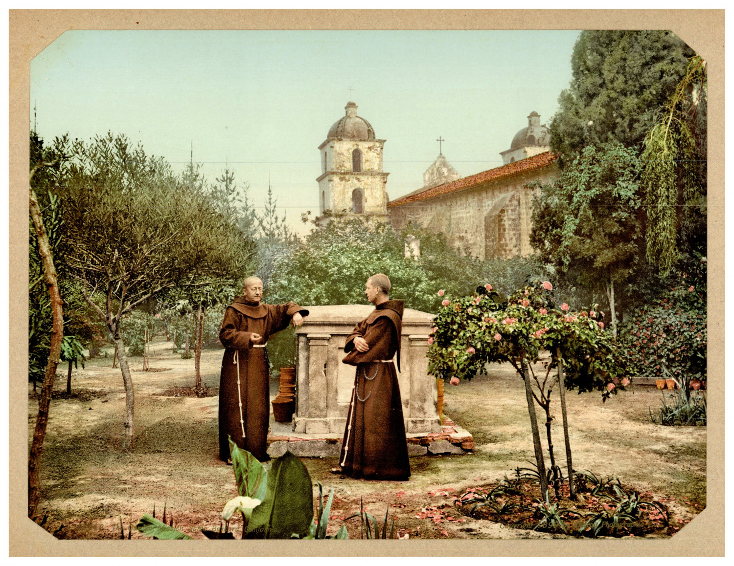 California, Sta. Barbara, Two friars in the courtyard of the old mission pho