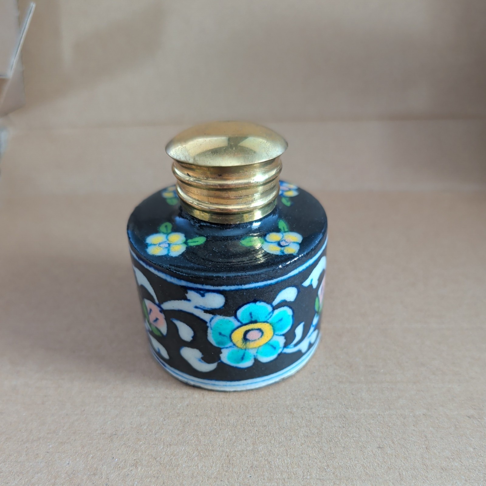 Miniature Black Ceramic Inkwell Brass Cap Vintage India Flowers Pottery Collecti Miniature Black Ceramic Inkwell Brass Cap Vintage India Flowers Pottery Collecti