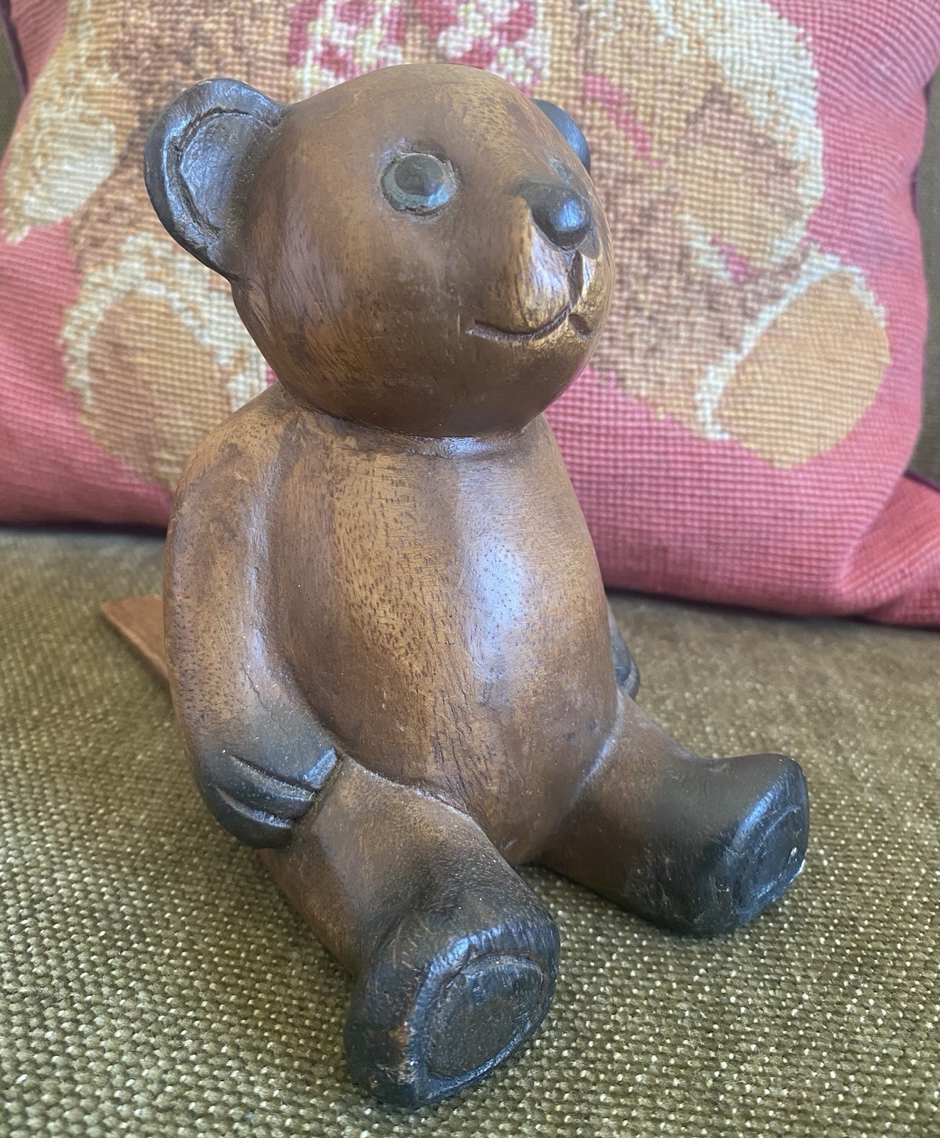 Vintage Hand-carved Wooden Teddy Bear Doorstop Made In Thailand 12cm Tall