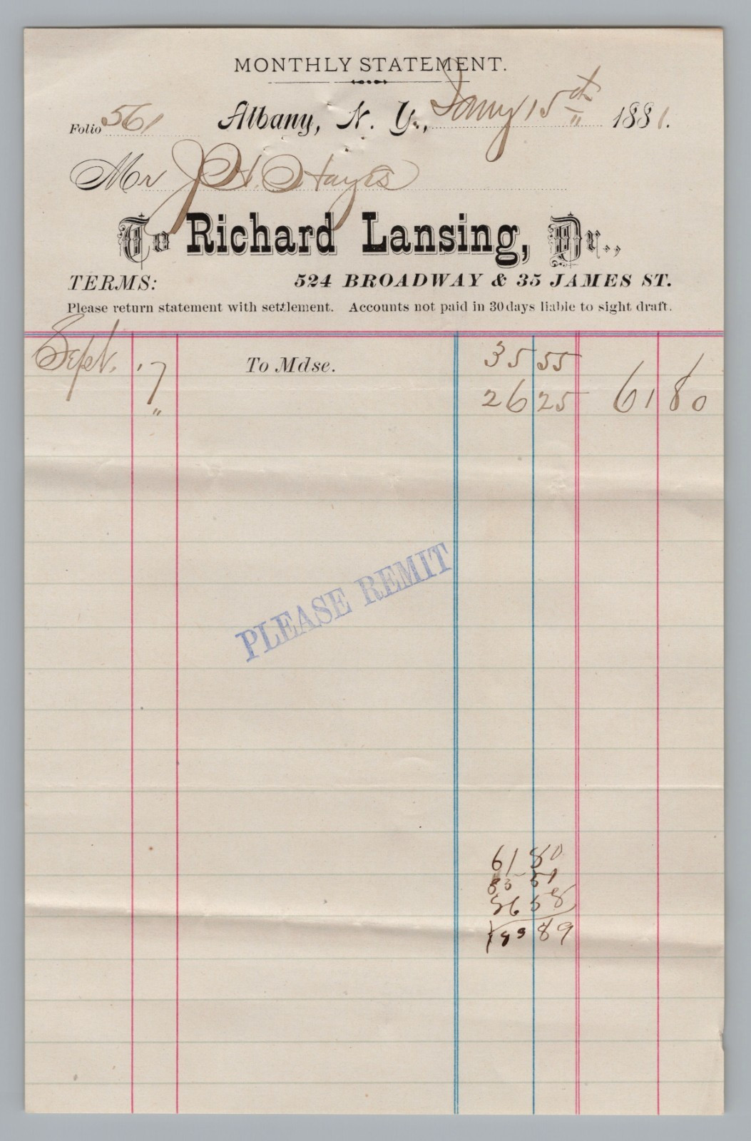 1884 Richard Lansing Albany NY Monthly Statement Billhead Receipt Ephemera Docum