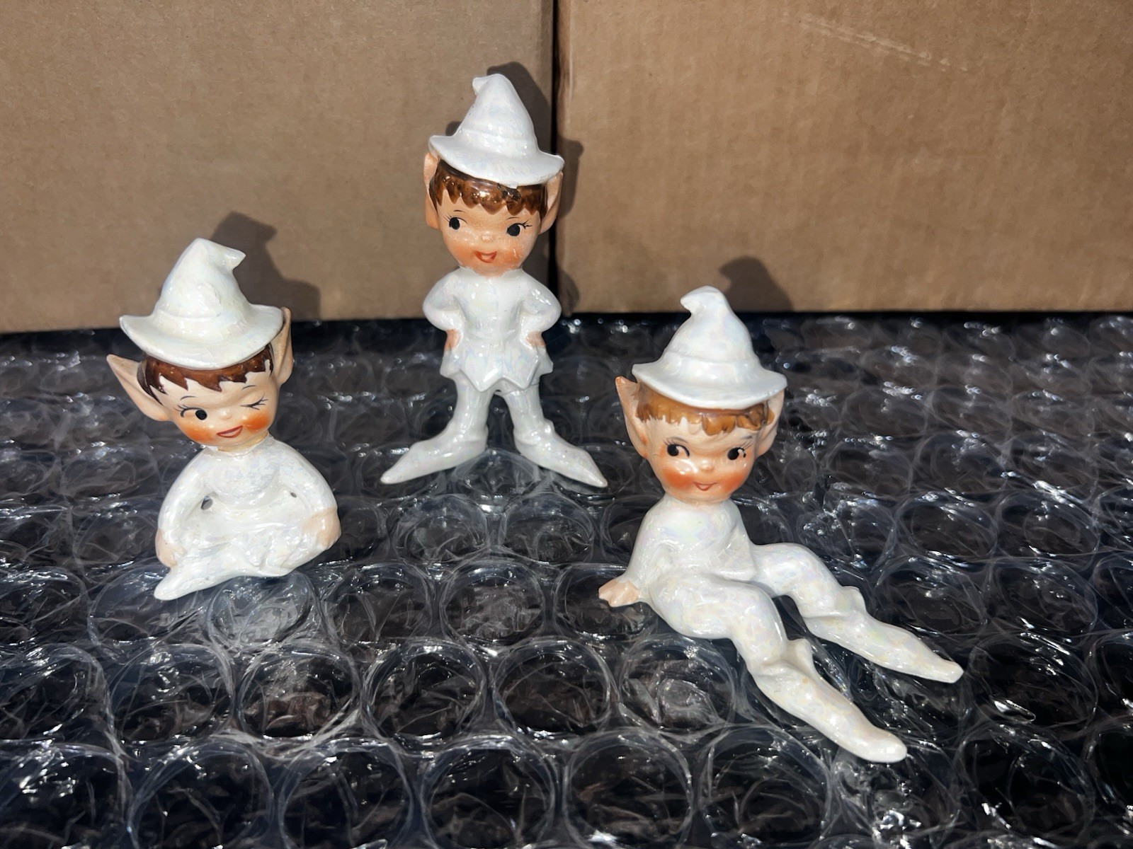 Set of 3 vintage Porcelain Lefton Elf/Pixie Figurines White Iridescent, Pearl  Set of 3 vintage Porcelain Lefton Elf/Pixie Figurines White Iridescent, Pearl 