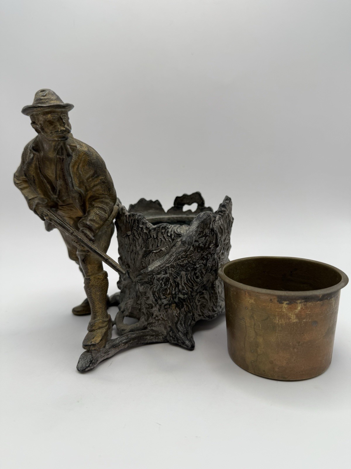 Antique Hunter Smoking Stand Match Holder Cold Painted Spelter Brass Insert 1900