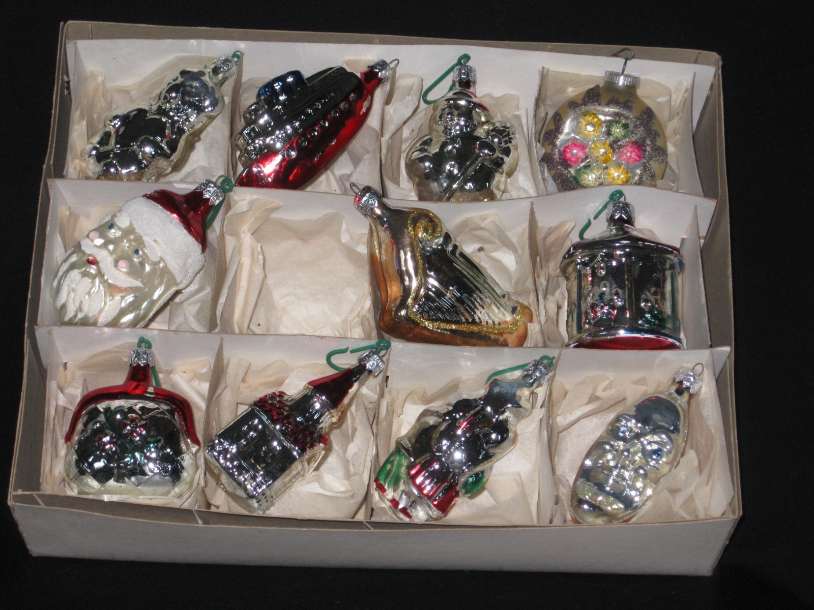 11 LARGE UNIQUE WHIMSICAL VINTAGE MERCURY GLASS CHRISTMAS ORNAMENTS W/BOX POLAND