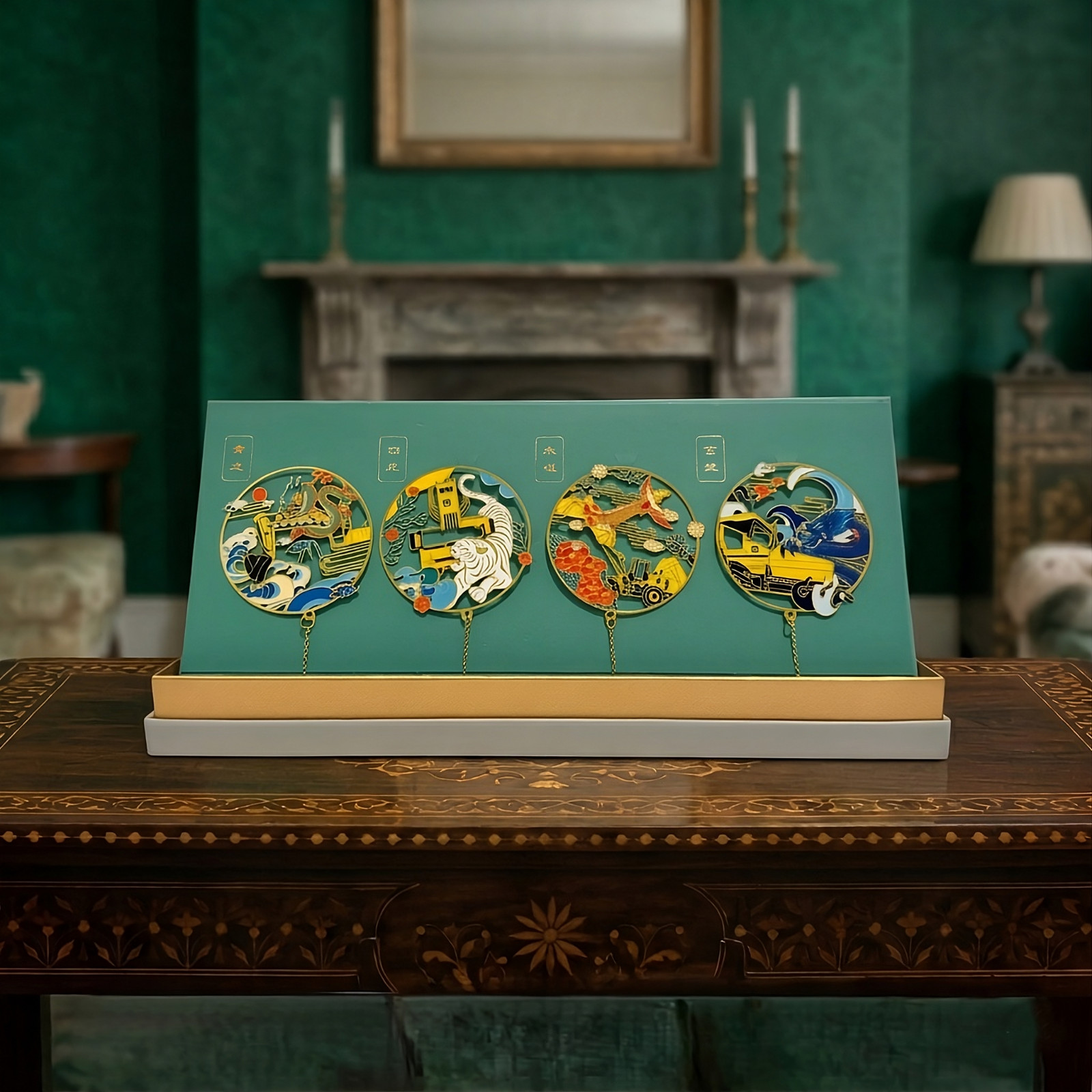 Chinese Four Auspicious Beasts Framed Art - Industrial Fusion - Cloisonné Enamel