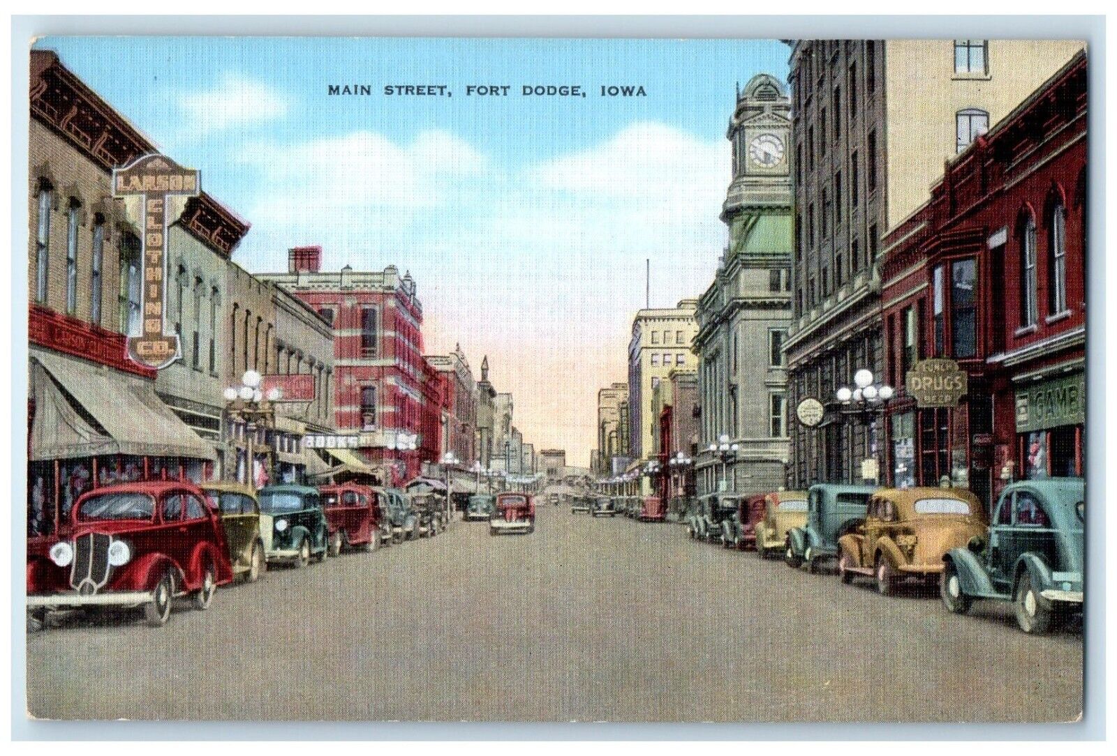 c1950's Main Street View Larson Clothing Co. Cars Fort Dodge Iowa IA Postcard