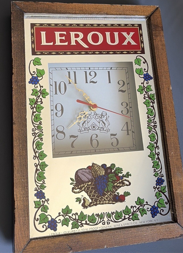 Vintage Leroux Liqueurs Advertising Mirror Clock Wood Frame Sign Barware WORKS