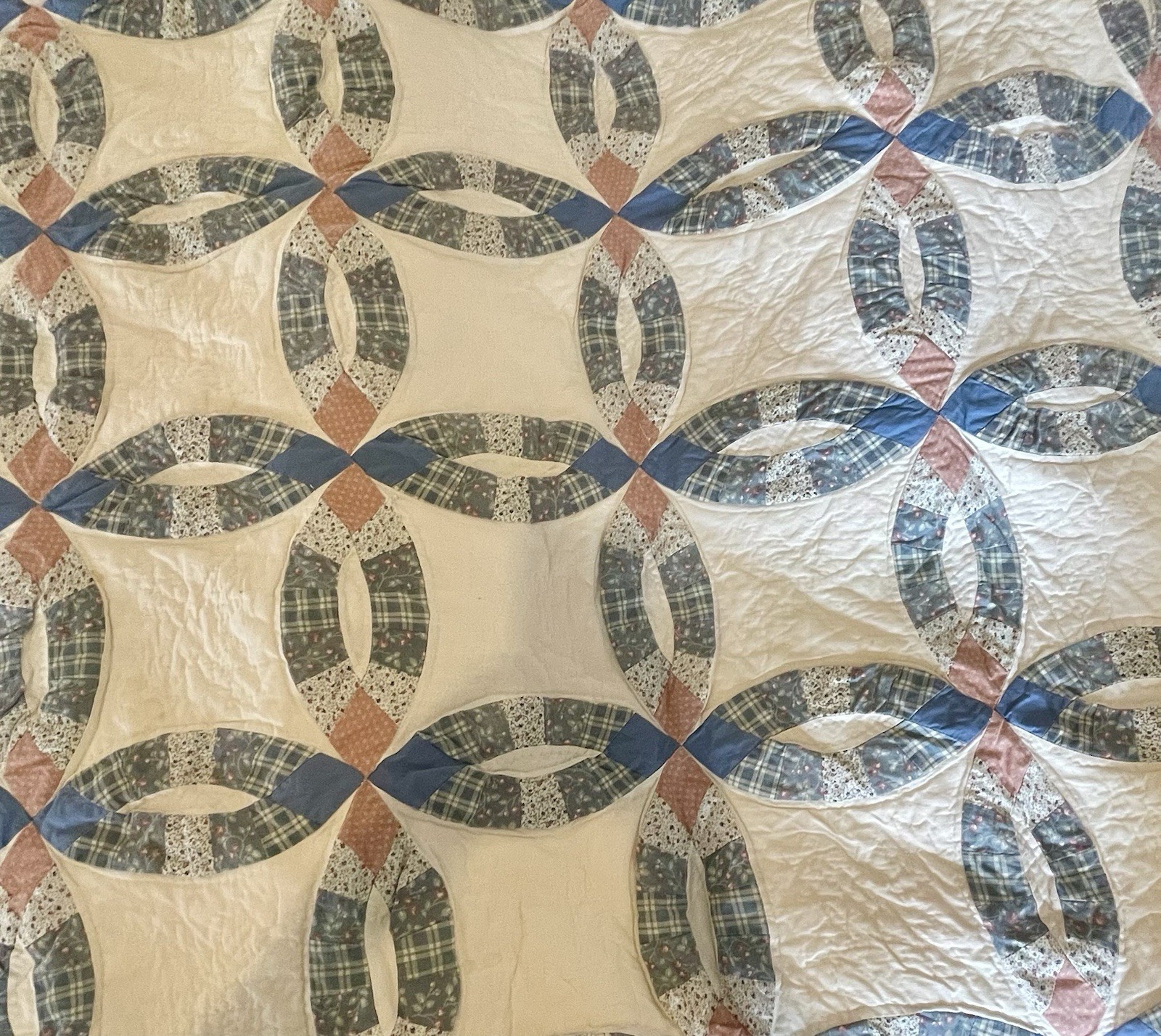 Vintage Arch Quilts Double Wedding Ring Quilt Queen Full Blue Calico Patchwork