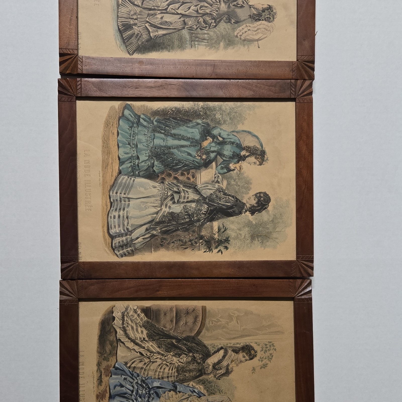 La Mode Illustrée Set of 3 Framed Victorian Fashion Women Prints 1870's