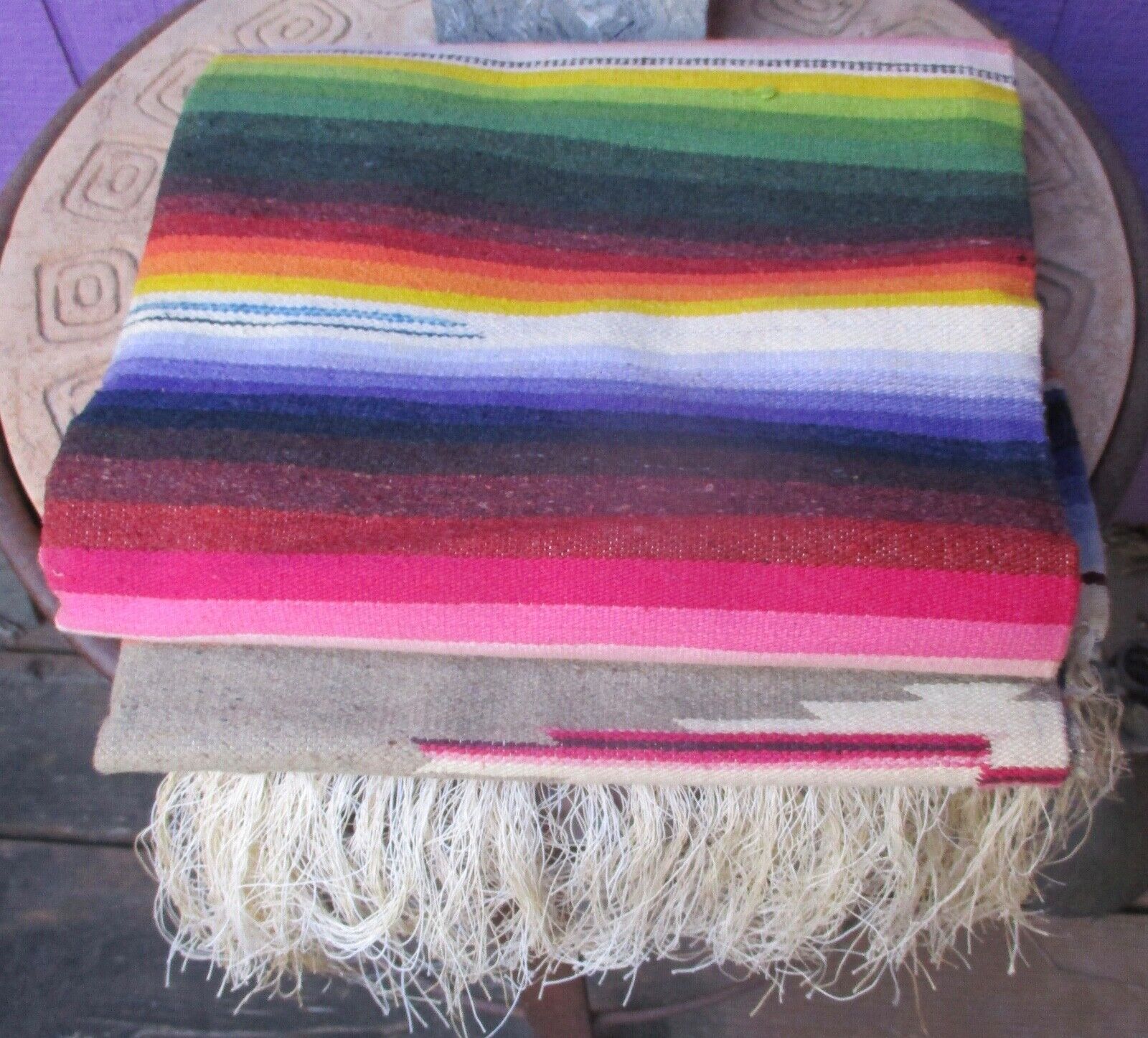 ANTIQUE WOVEN MEXICAN SALTILLO SERAPE WOOL RUG BLANKET WALL HANGING 39 x 77