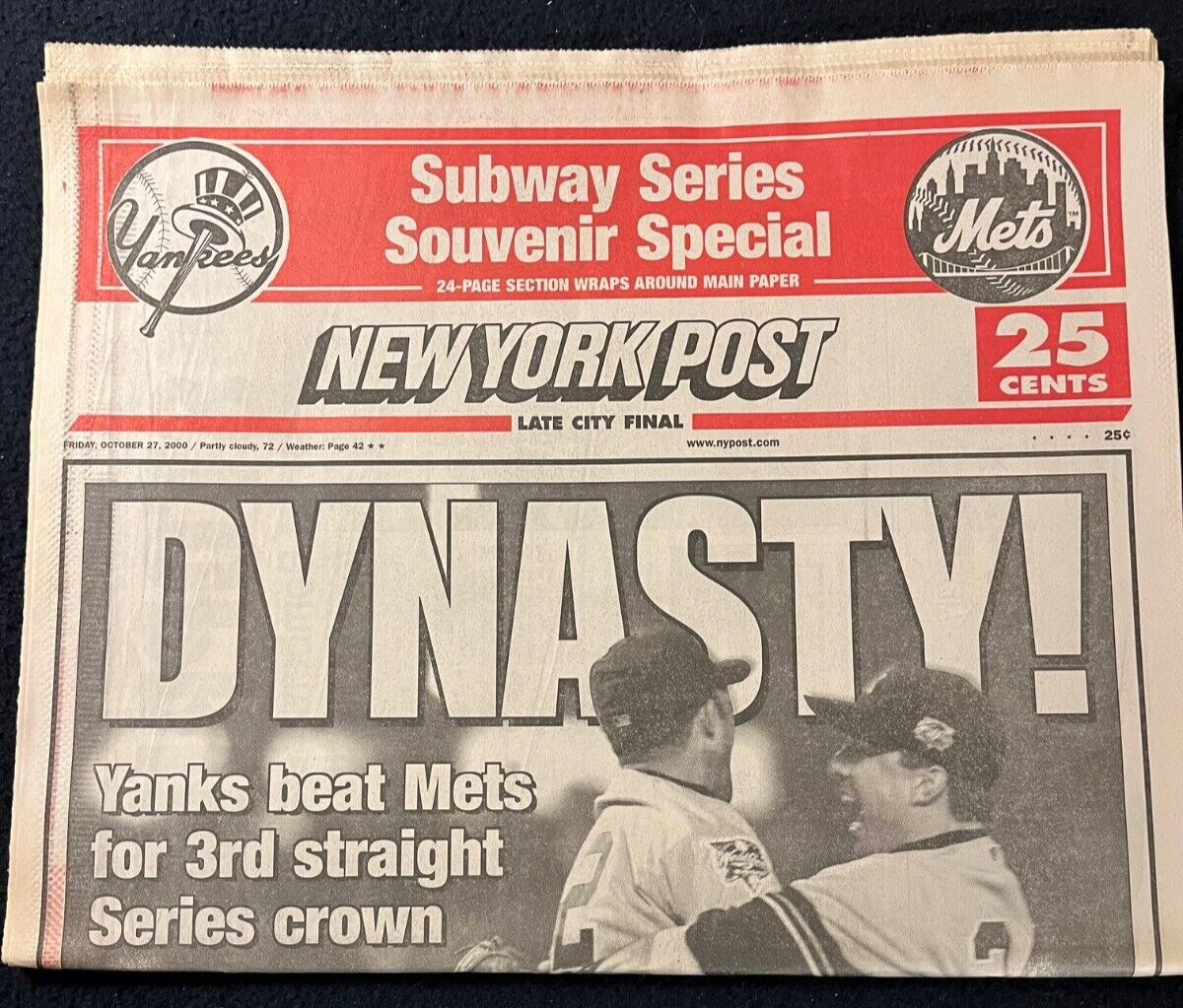 DYNASTY Oct 27, 2000 NY POST Yanks beat Mets To Win World Series 24 page Special