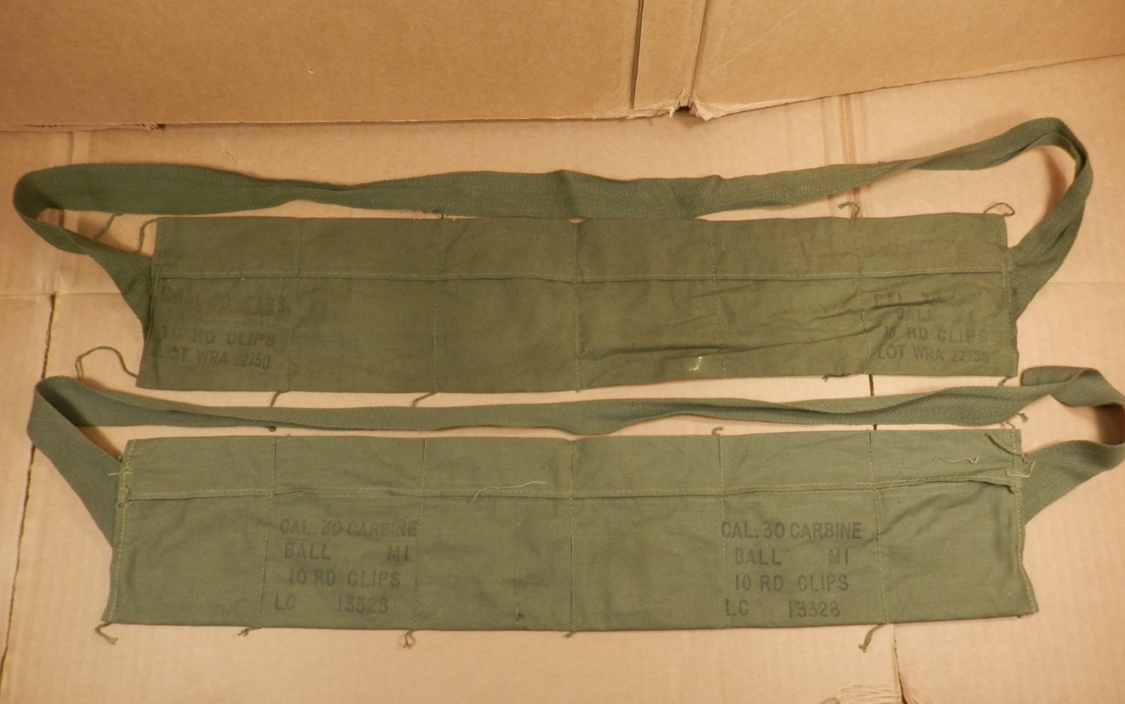 Two 1952 & 1953 Korean War US Army OD Green Cloth Bandoliers M1 Carbine 6 Pocket Two 1952 & 1953 Korean War US Army OD Green Cloth Bandoliers M1 Carbine 6 Pocket