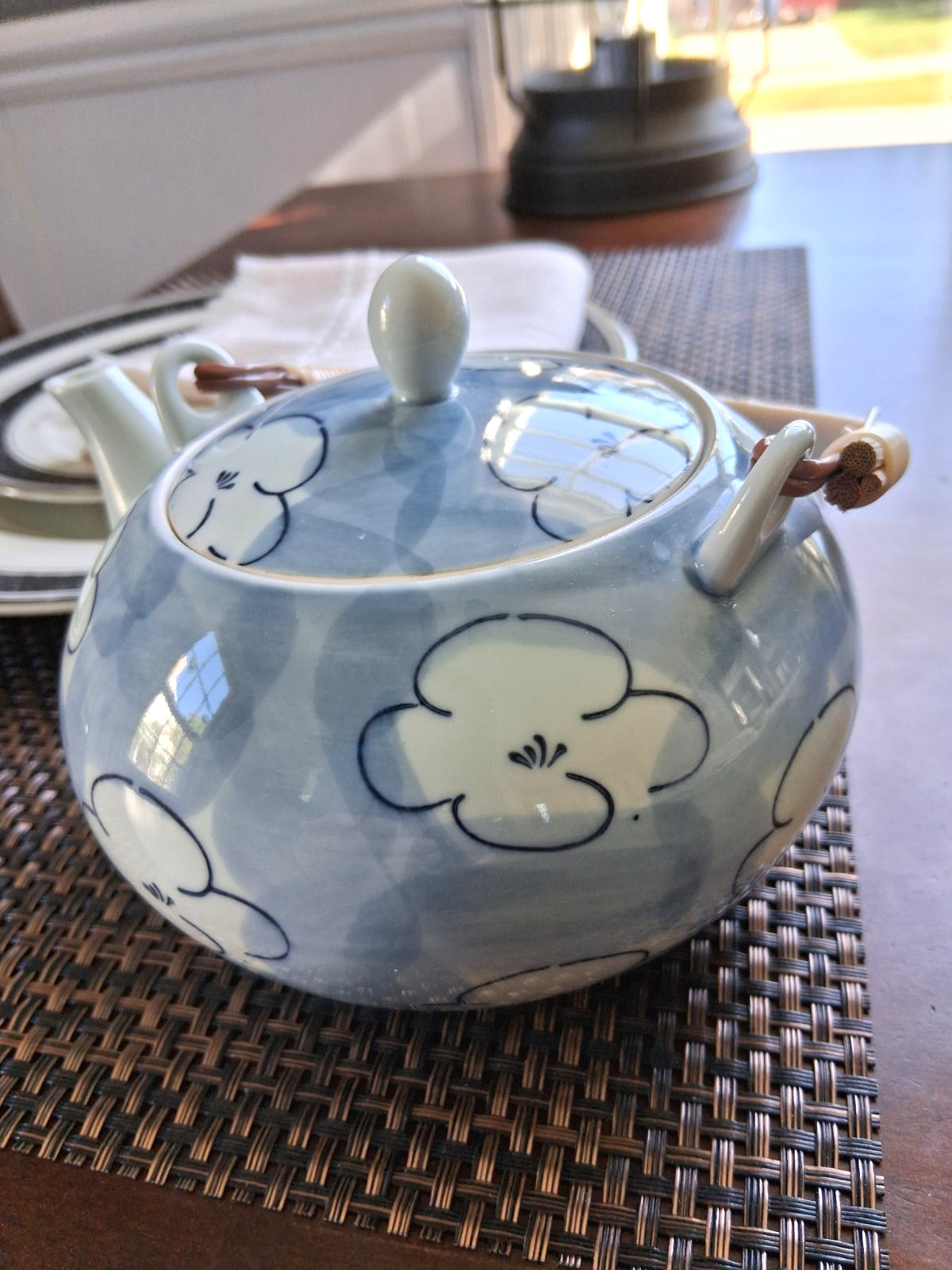 Vintage Japanese Baby Blue / Foral Porcelain Ceramic Teapot with rattan handle