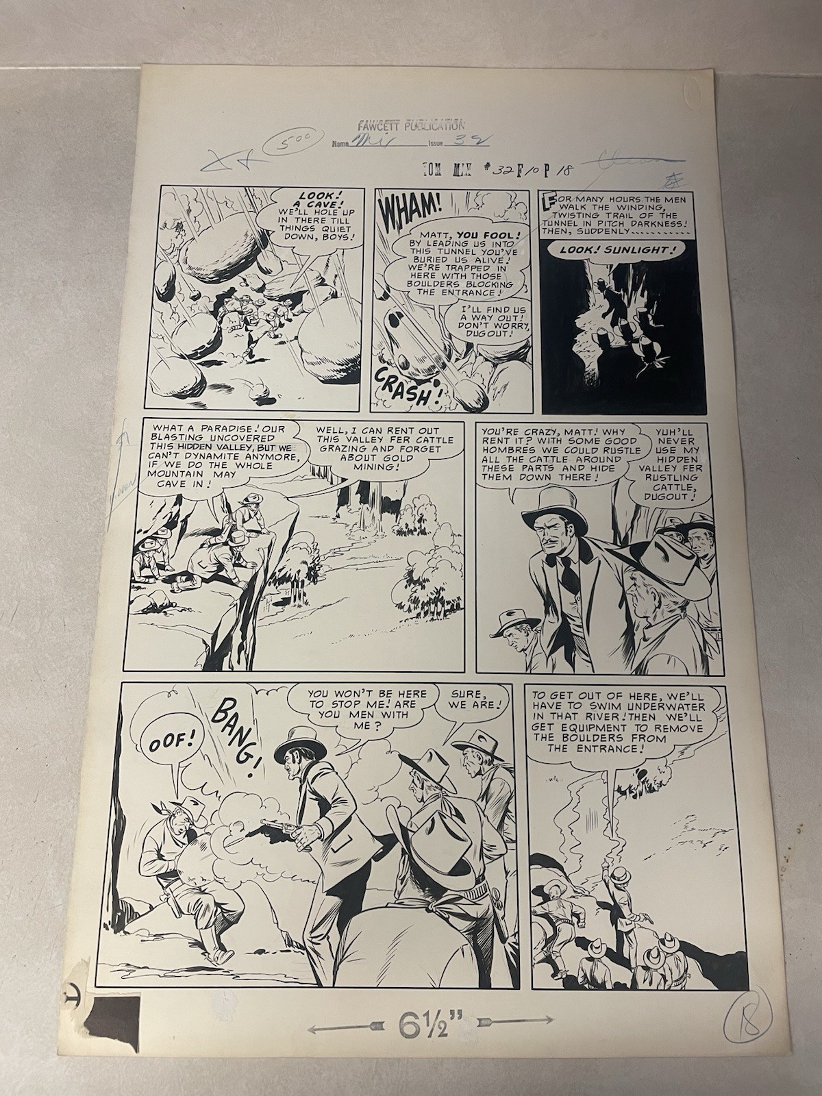 TOM MIX #32 original comic art WESTERN 1950 ROCKS FALL SHOOT KILL GOLD MINER