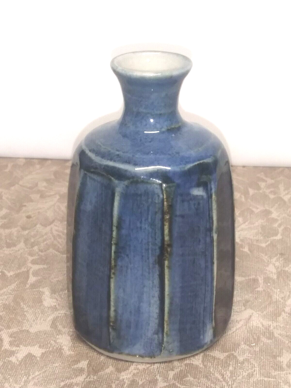 Ikebana Bottle Vase Japanese Mashiko Ware blue Glaze octagon unique HTF ?VTG