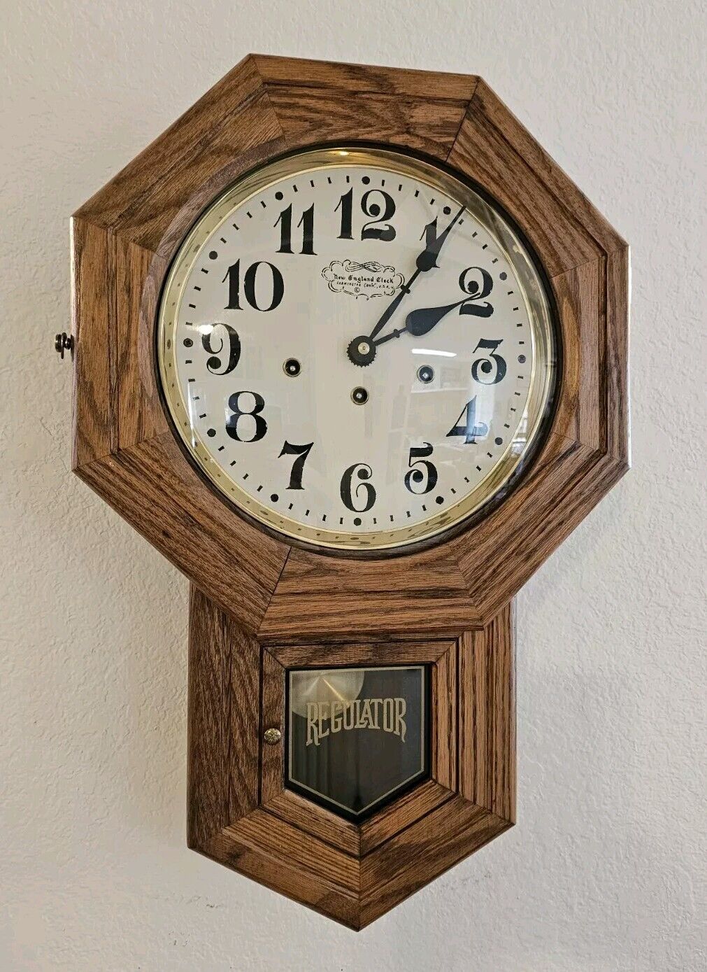 Vintage New England Clock Company Regulator Wood Wall Clock w Key Farmington 